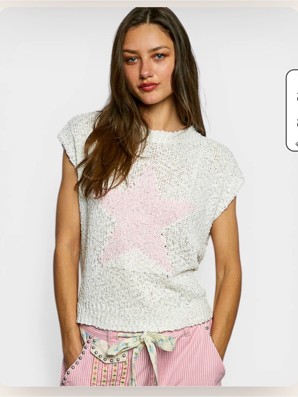 POL White Knit Short Sleeve Top with Pink Star